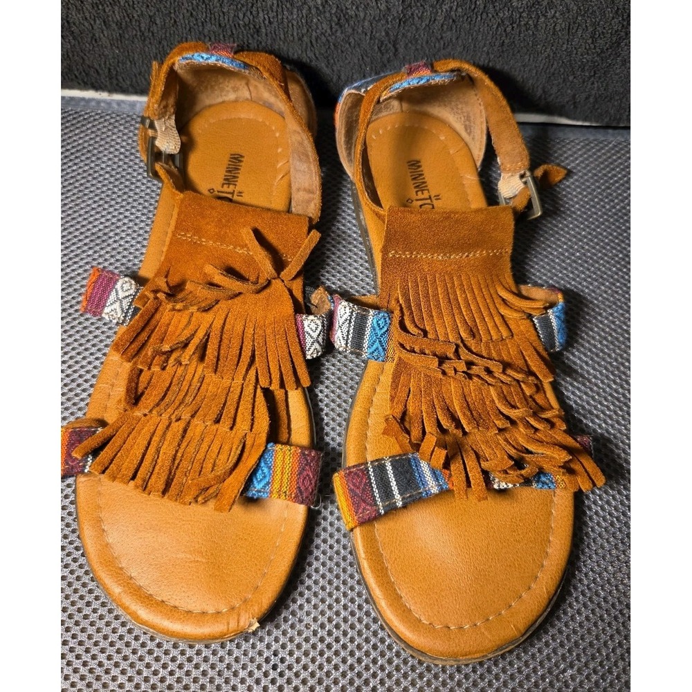 Minnetonka 71302 BAZ Maui Sandals Womens 7 Brown Suede Fringe Southwestern Boho